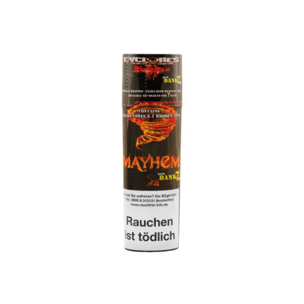 Mayhem Cyclones cannabis blunts i en mørk cylinderpakke.