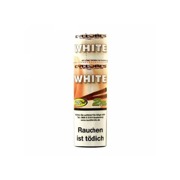 White Cyclones cannabis blunts i en hvid cylinderpakke