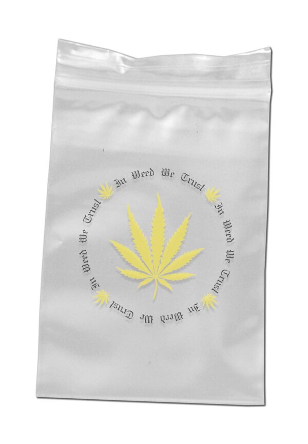 Zipper bags med 'In Weed We Trust'-design, praktiske poser til sikker opbevaring.